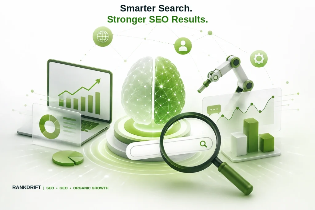 AI SEO illustration with brain, search bar, and analytics RankDrift 'Smarter Search, Stronger SEO Results'