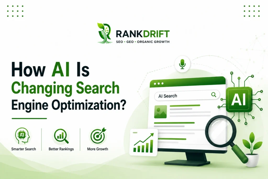 How AI is changing SEO — RankDrift graphic on smarter search, better rankings, more growth