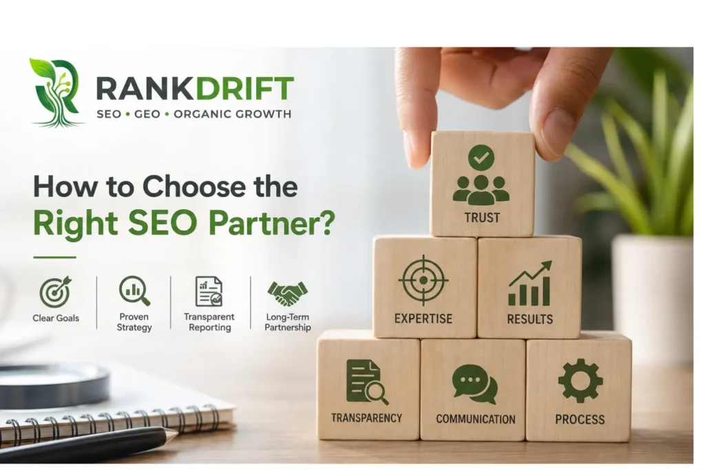 RankDrift graphic explaining how to choose the right SEO partner, featuring wooden blocks stacked with key pillars: Trust, Expertise, Results, Transparency, Communication, and Process.