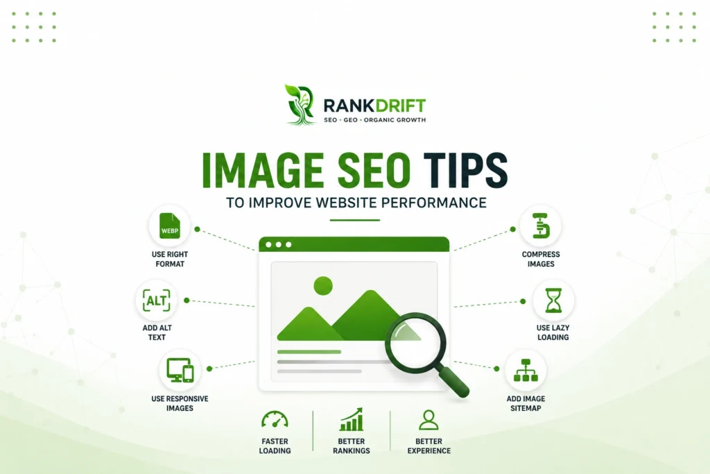 Image SEO tips infographic — format, alt text, compression, lazy loading, sitemap