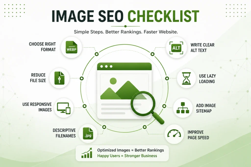 Image SEO checklist infographic with 8 steps for better rankings and speed