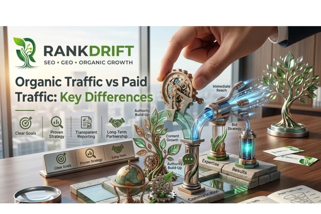 RankDrift featured image comparing Organic Traffic vs Paid Traffic key differences, featuring a futuristic office desk layout with digital growth concepts.