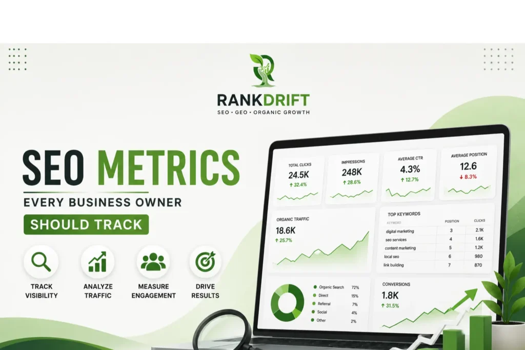 RankDrift SEO metrics dashboard showing clicks, impressions, organic traffic, CTR, keyword rankings, and conversions for business owners.