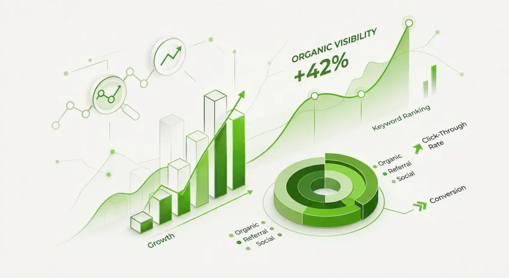 SEO metrics infographic showing organic visibility growth, keyword rankings, click-through rate, traffic sources, and conversions.
