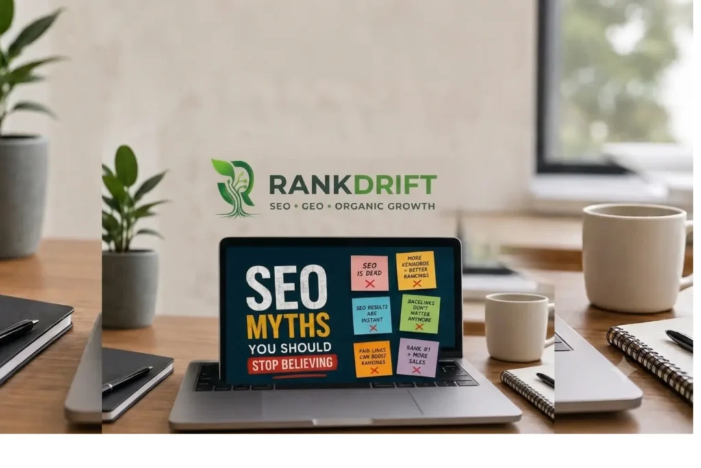 RankDrift featured image showing a laptop screen with SEO myths sticky notes and company branding on a neutral office background.