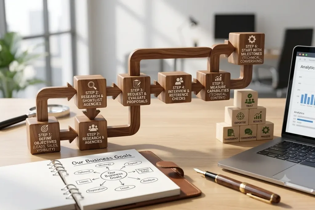 Step-by-step roadmap for choosing an SEO partner showing wooden blocks connected in a process flow from defining business goals to setting milestones.