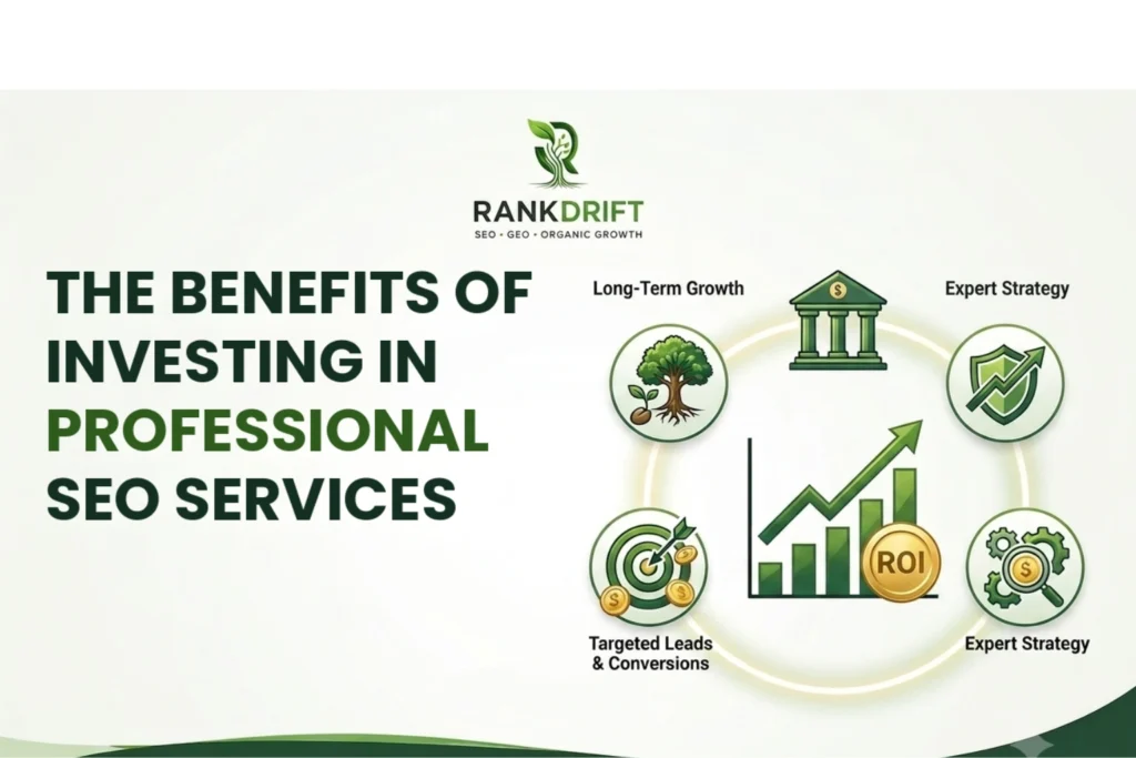 The Benefits of Investing in Professional SEO Services" by RankDrift featuring icons for Long-Term Growth, Expert Strategy, Targeted Leads & Conversions, and ROI growth.
