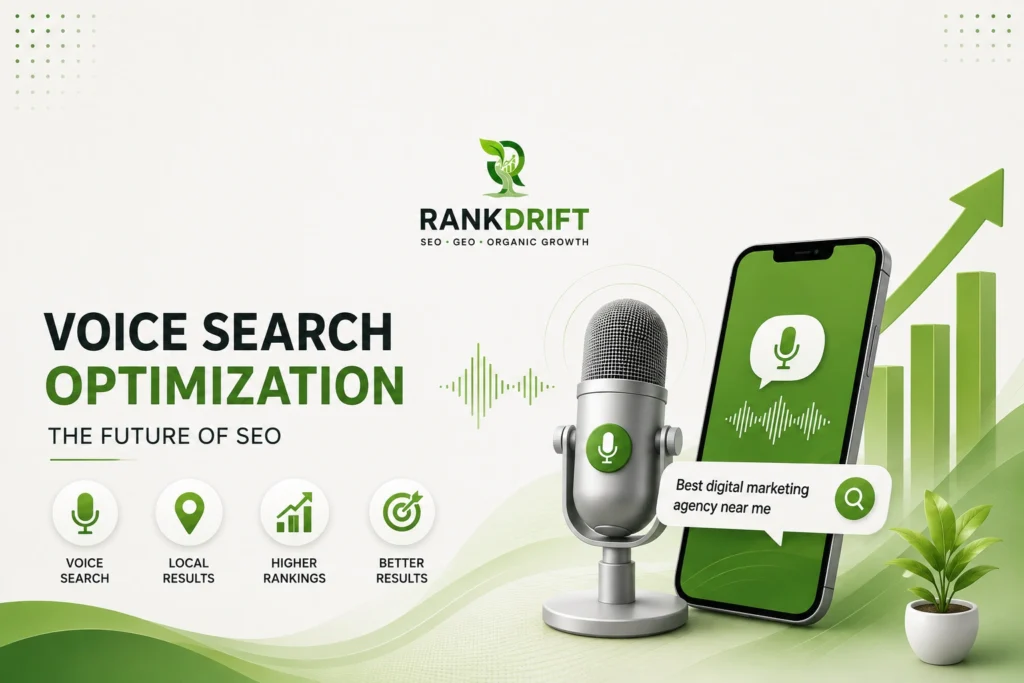 Voice Search Optimization featured image showing a microphone, smartphone voice search interface, local search icon, and rising SEO ranking graph with RankDrift branding.